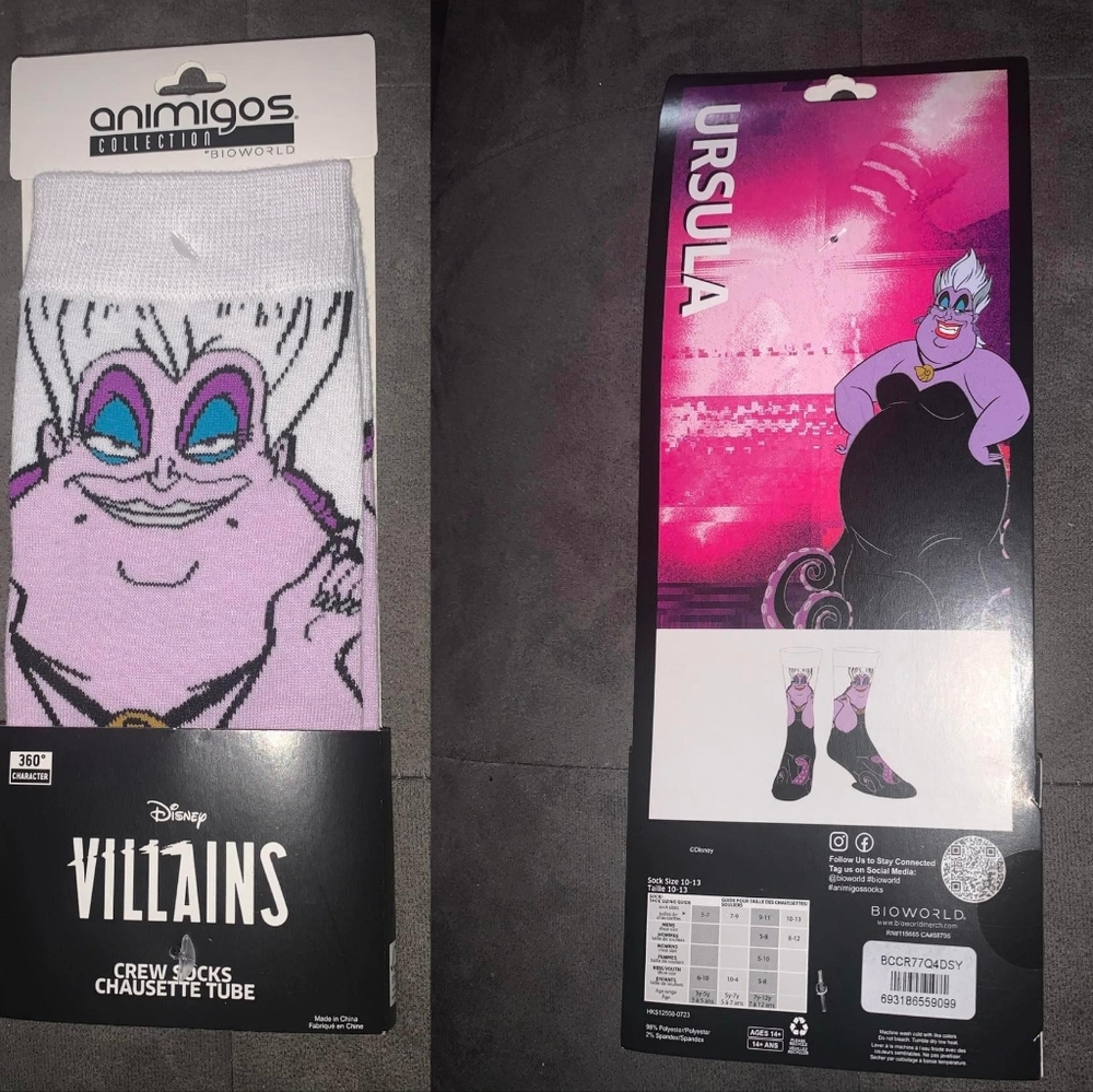 Disney Ursula Little Mermaid  Men Crew Sock 10-13 Bioworld Animigos Collection